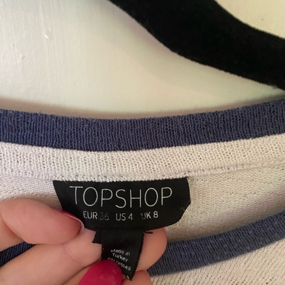 Topshop White Tee w/ Blue & Black Stripe Blue Collar - Picture 4 of 8